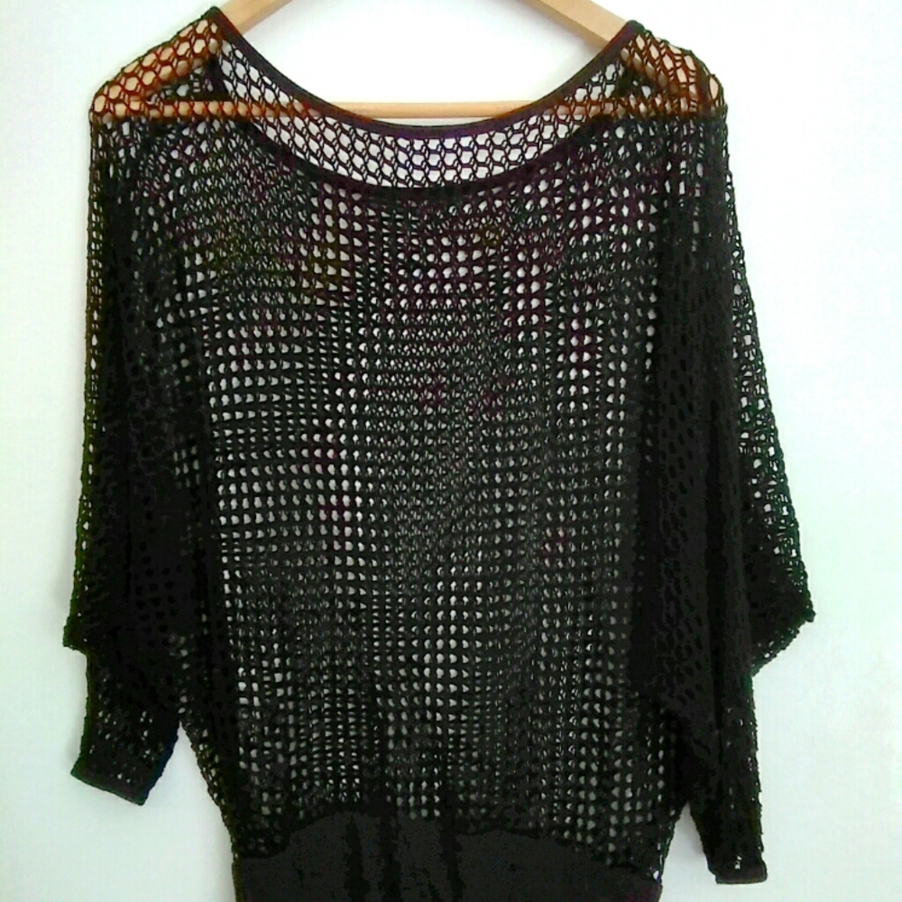 Cute!🔥Black Mesh Crocheted 3/4 Sleeve Blouse